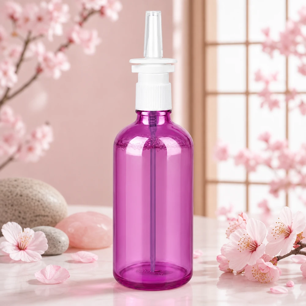 Frasco pulverizador nasal de 100 ml blanco/transparente estándar PurpleLine UT18/100 Pulverizador nasal ergonómico de 100 ml con práctico cabezal en moderno diseño morado UT18