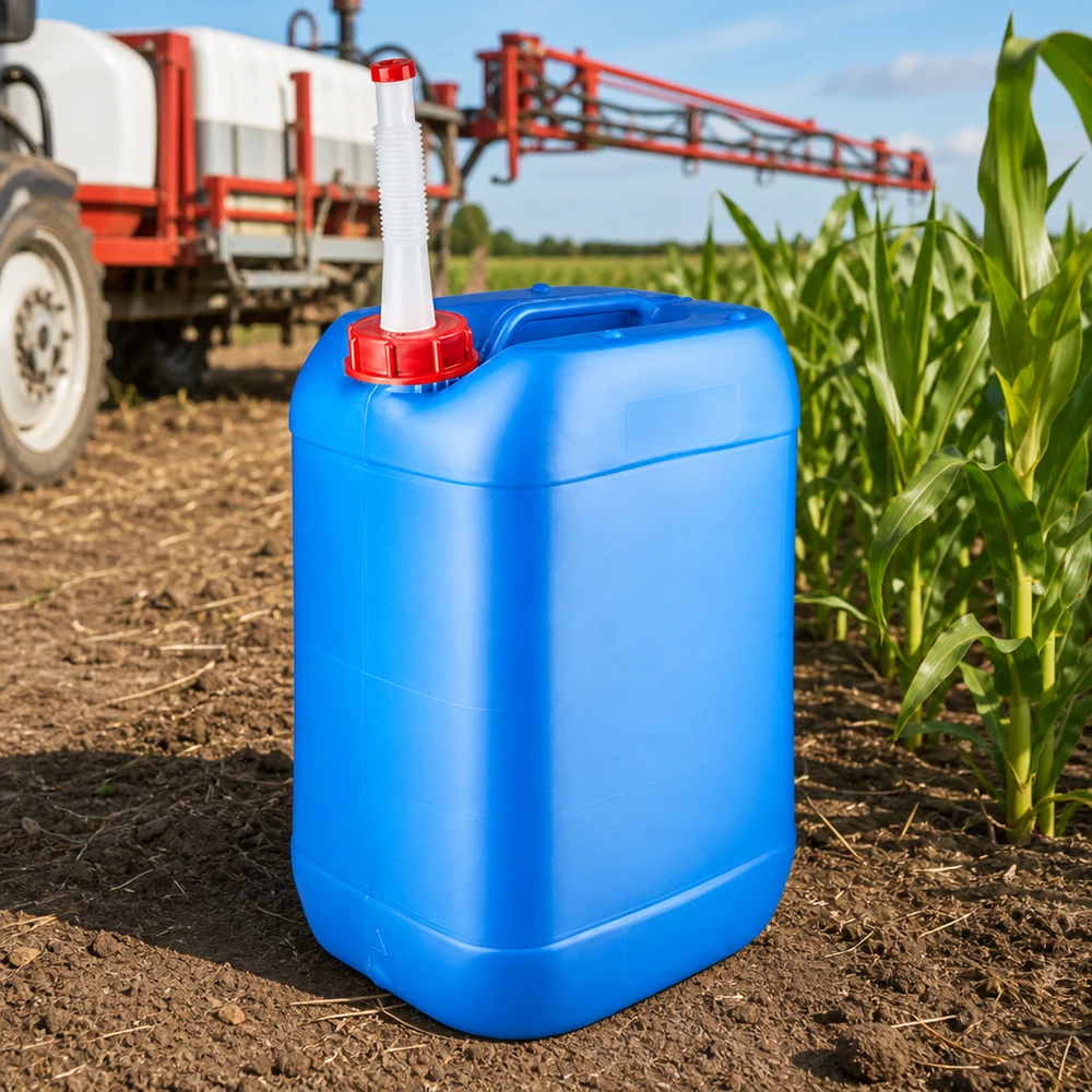 Cubo Agrarkanister de 25 litros, azul, con tubo de salida flexible, en uso en el campo de maíz junto al tractor