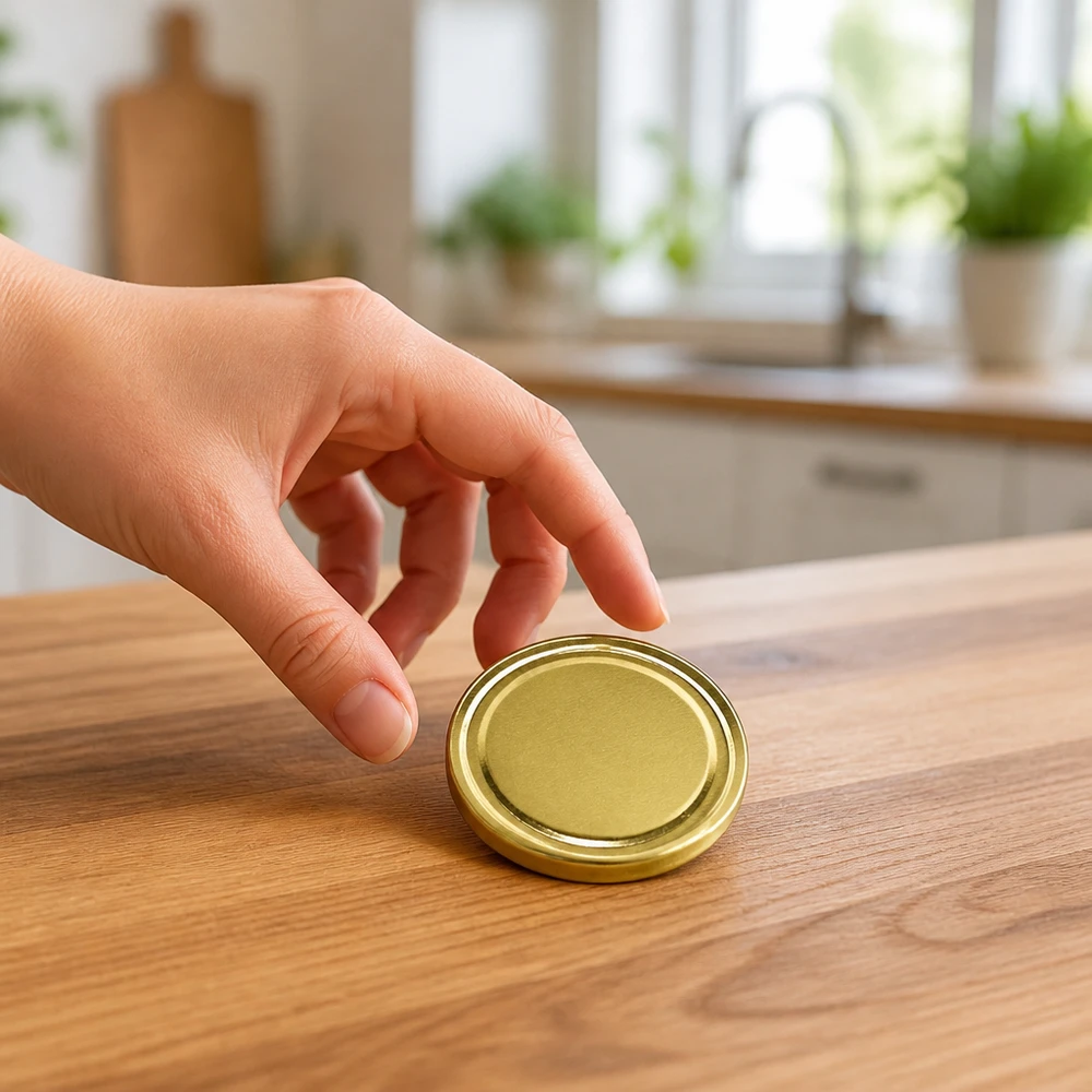 Tapa BasicSeal de 58 mm, color dorado, modelo TO58 UniTwist, sobre una mesa de madera en la cocina