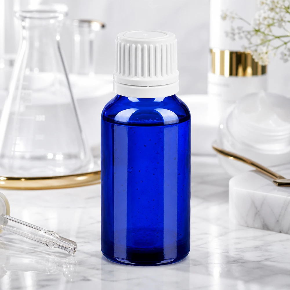 Frasco de vidrio de 20 ml de alta calidad en elegante azul con tapón UT18/20 a prueba de niños