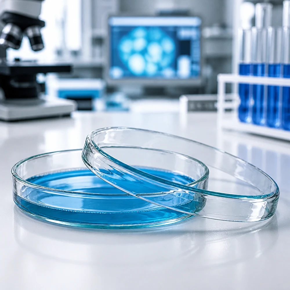 Placa de Petri de laboratorio transparente de 80 x 15 mm, de cristal, con un líquido azul sobre una superficie de trabajo blanca