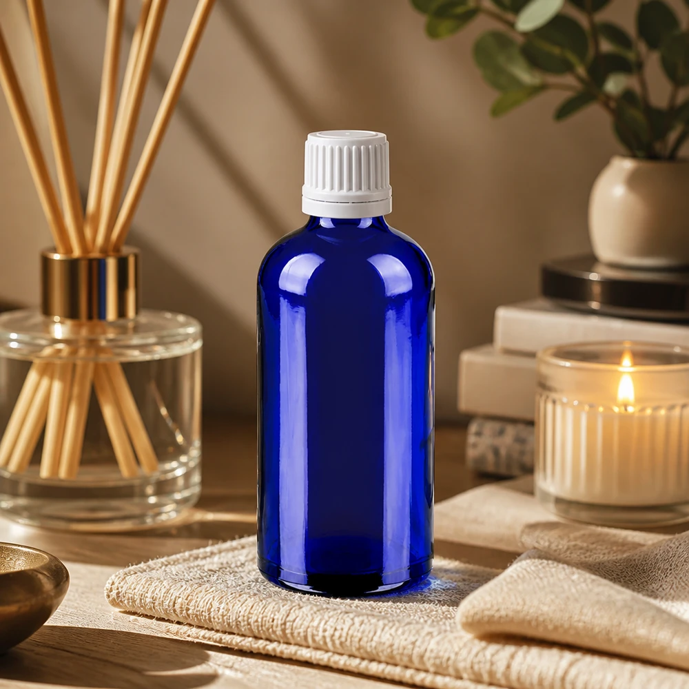 Frasco de vidrio azul violeta de 100 ml con protección UV y tapón blanco para productos sensibles a la luz