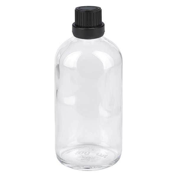 Frasco cuentagotas de 100ml fl. 2mm negro tapón inviolable ClearLine UT18/100 Frasco cuentagotas de cristal transparente de 100 ml con tapón de seguridad negro, serie ClearLine UT18