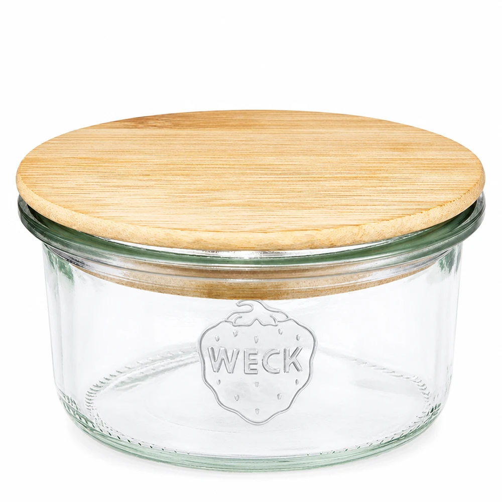 Vaso de 165ml WECK RR80 con tapa de madera Tarro de cristal RR80 WECK de 165 ml con tapa redonda de madera de bambú para conservar y almacenar