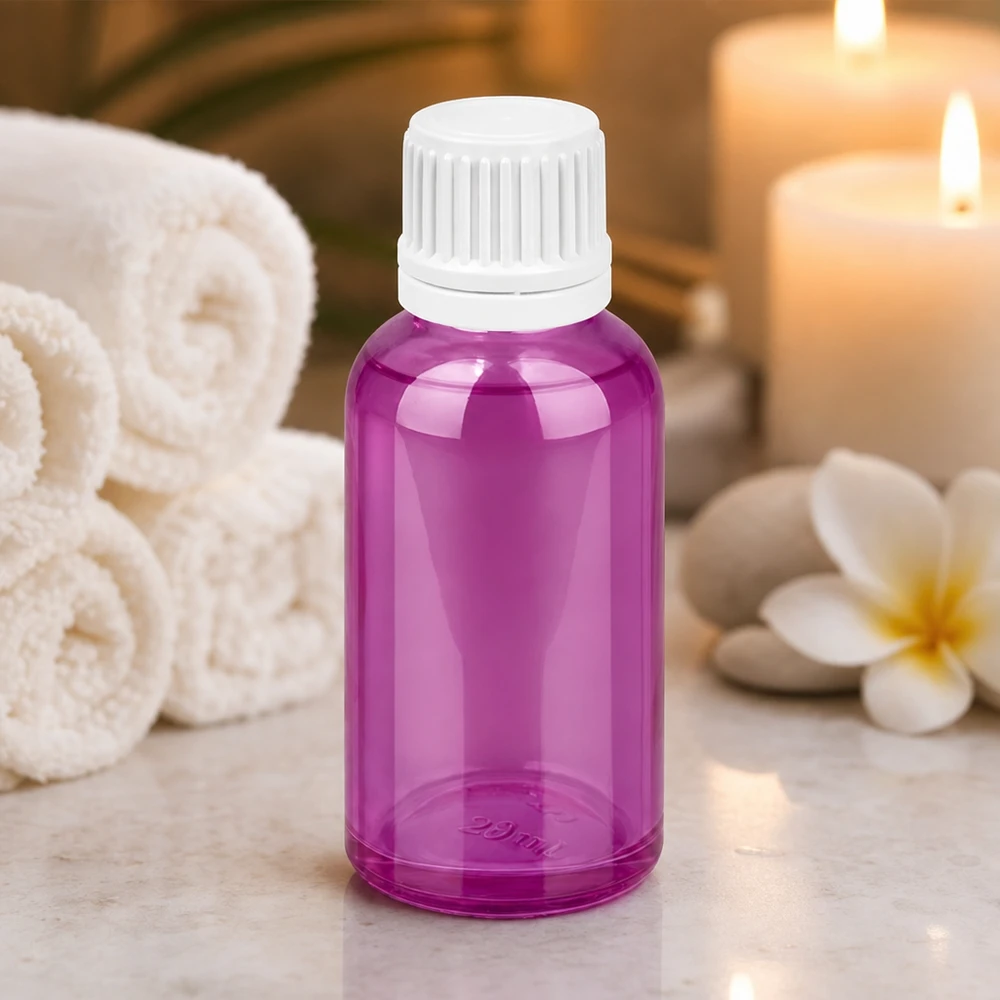 Frasco de 30 ml de material violeta transparente de alta calidad con tapón de rosca blanco